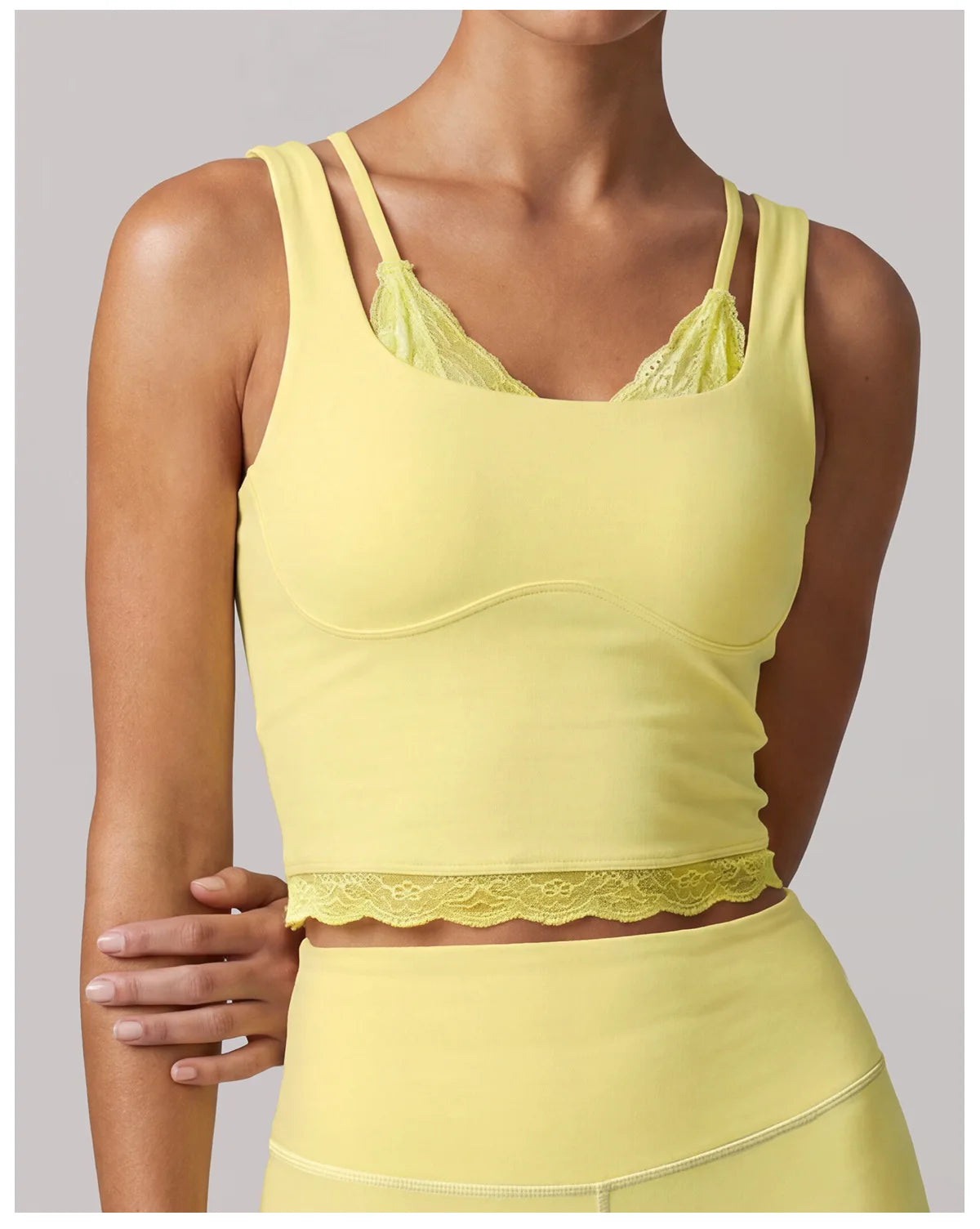 Sexy Fake Two-piece Yoga Tank Top Naked Feel Lace Trim V Neck High Stretch with Bra Pads Gym Running Fitness Dance Tank Top
