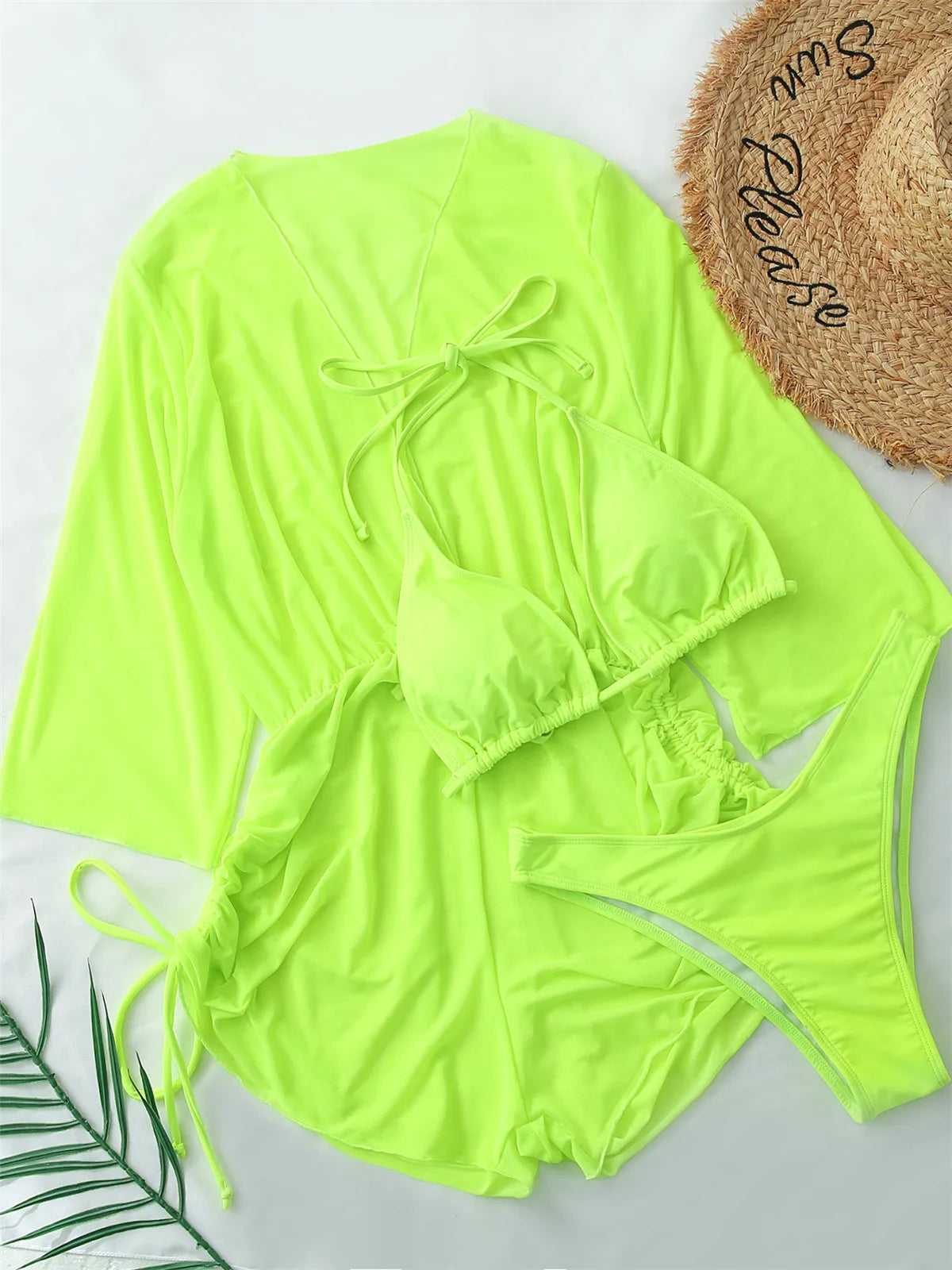 Sexy Long Sleeves Cover Up Bikini Set Women White Black Push Up Mesh Dress 3 Piece Swimsuit Bathing Suit Thong Swimwear 2026