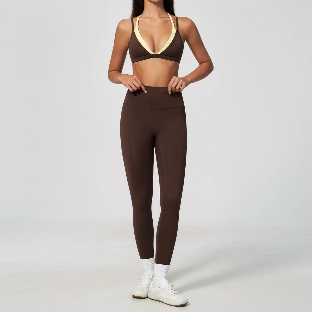 NCLAGEN Women Sportwear Fake 2 Piece Thin Strap Sports Suit Casual Running Bra Pants Workout Outfit Activewear Pilates Yoga Set