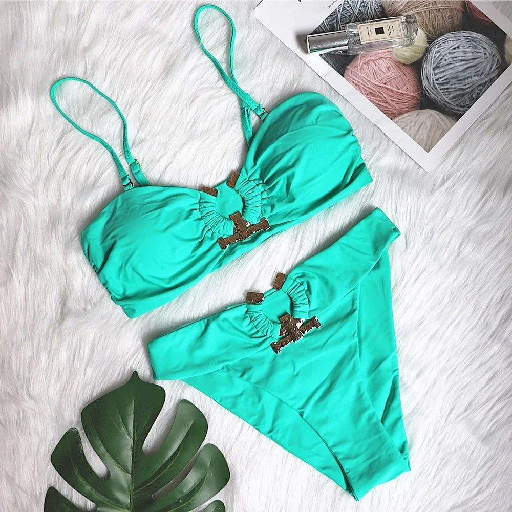 9 Colors Sexy Bikini Women Swimwear Swimsuit High Waist Metal Decor Leopard Print Female Bikinis Set Bathing Suit Beach Biquinis