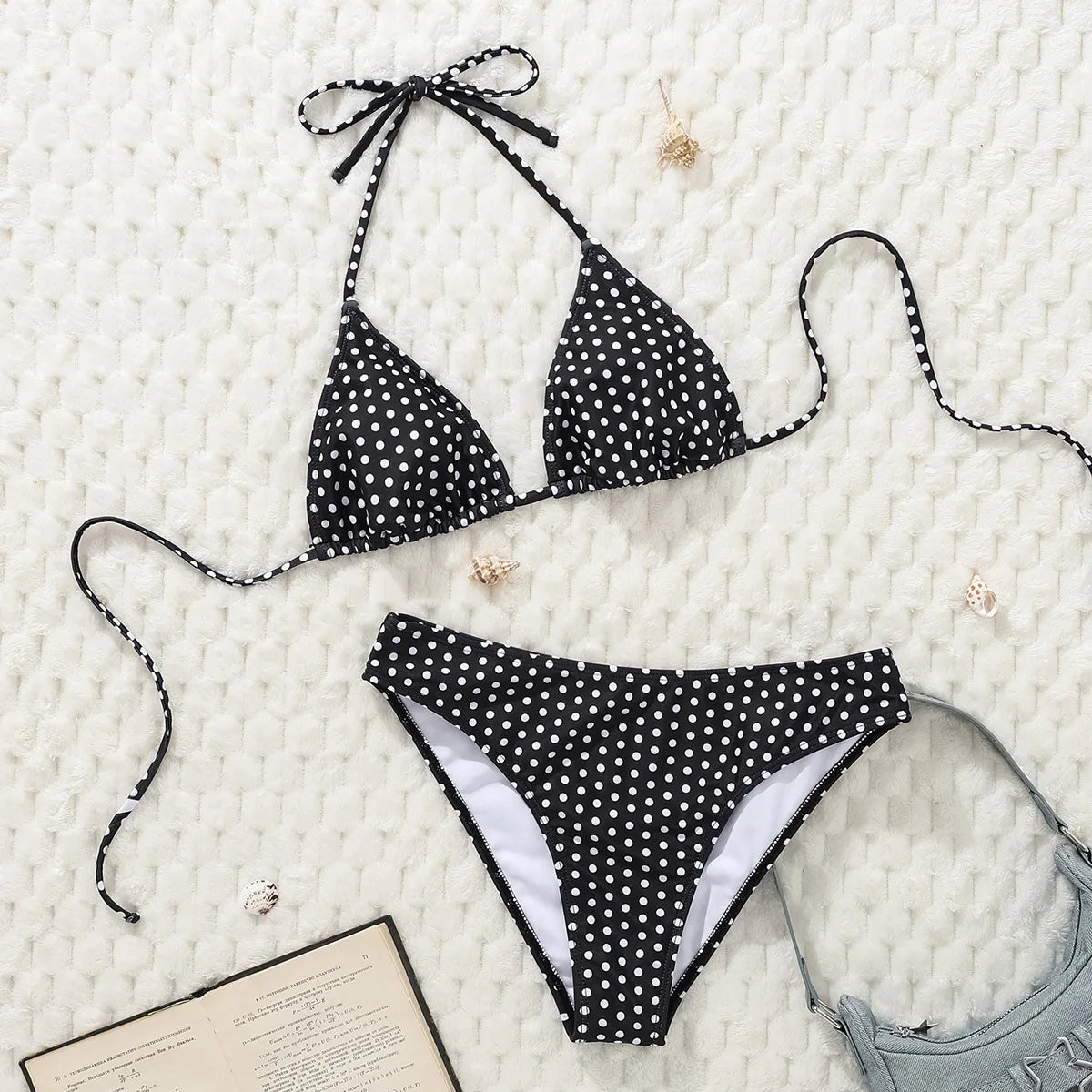 2025 New Women's Black Ground White Dot Printed Swimsuit Halter Neck Low Waist Bikini Set For Summer Female Swimwear Brazilian