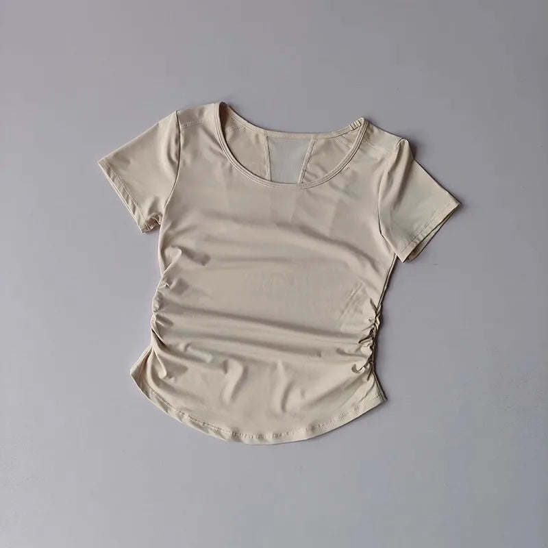 Women's Summer Yoga Sports Top Short Sleeve Pleated Waist Cinching Mesh Spliced Breathable Fitness T-Shirt