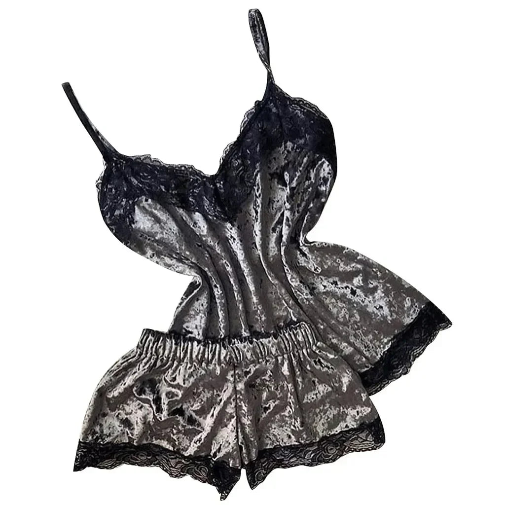 Summer Lace Sleepwear Sexy Satin Pajamas Set Women Nightshirt 2 Pieces Crop Tops and Shorts Set Homewear Loungewear