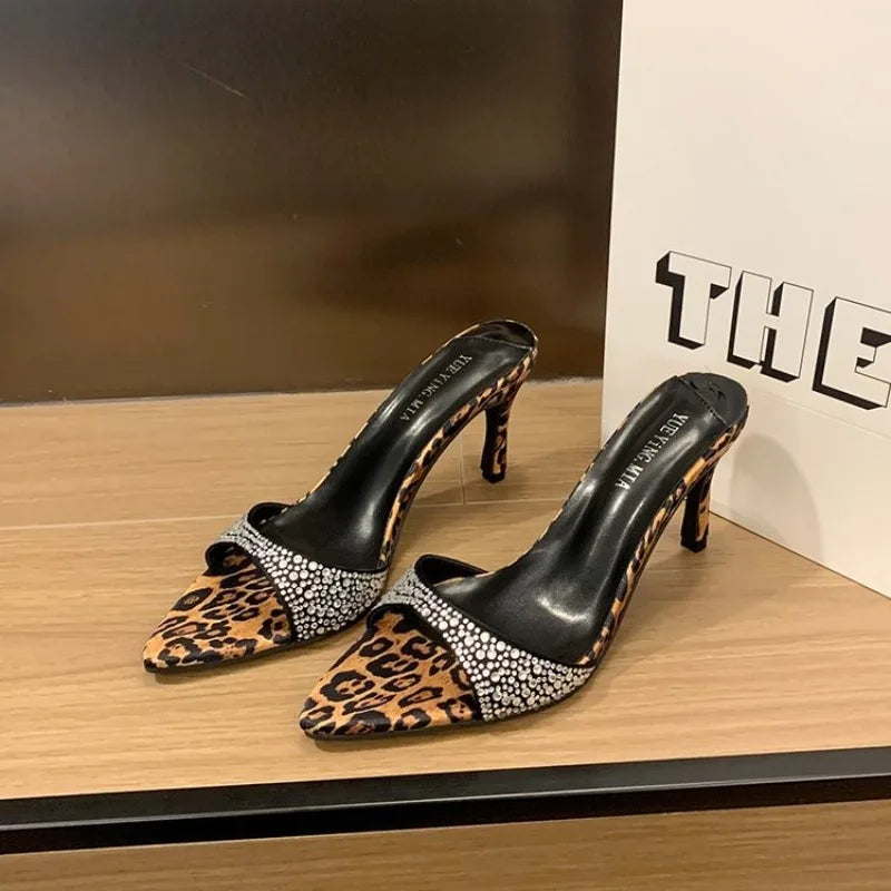 Liyke Summer Fashion Crystal Rhinestone Women Slippers Sandals Sexy Leopard Print Pointed Toe Mules High Heels Stripper Shoes