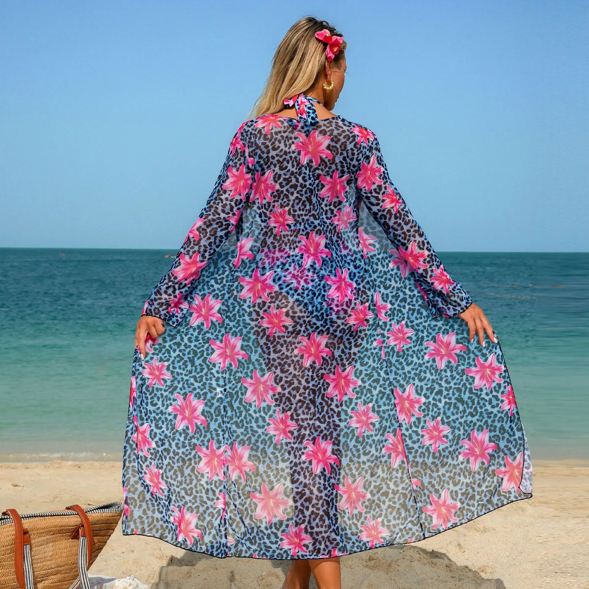 Blue Leopard Print Bikini Set Large Size Women Front Tie Push Up High Waist Swimsuit 2026 Long Sleeve Cover Up 3 Piece Swimsuit