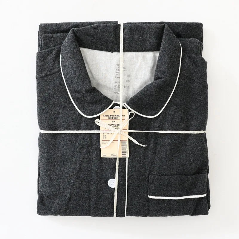 Men Brushed Cotton Vintage Plaid Stripe Pajama Set Lapel Collar Long Sleeve Top Pants Home Sleepwear Loungewear