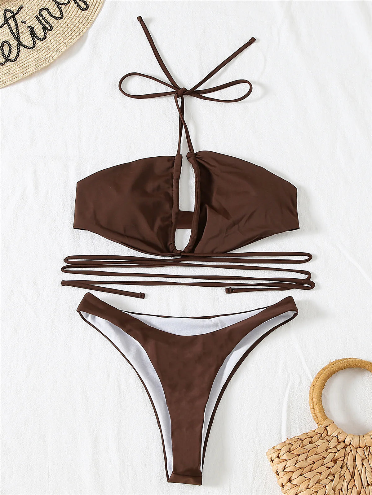 Solid Color Bikini Sexy Hollow Out Bandage Cross Thong Swimwear Women Halter Backless Bathing Suit High Waist Swimsuit 2026 New