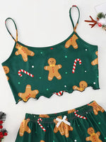 Christmas Clothes Cute Soft Gingerbread Print 2 Pieces Pajama Set Women's Sleepwear Crop Tops and Shorts Sets Loungewear