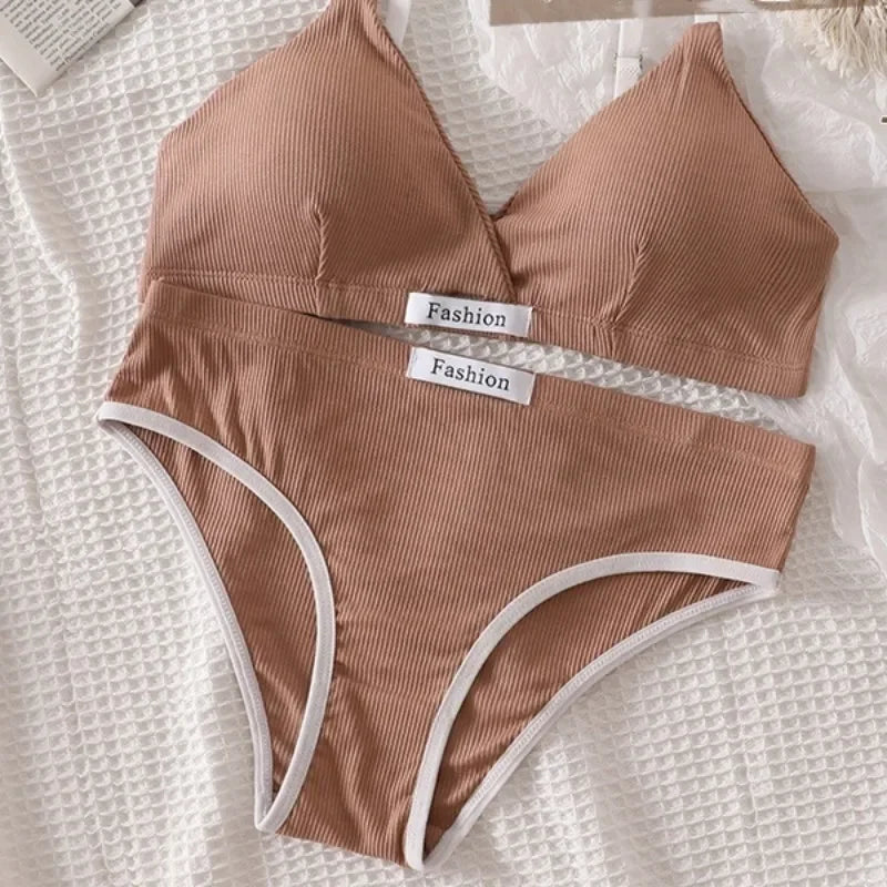 Women Cotton Bra And Panties Set Low Rise Briefs Panties Non-Wire Vneck Bras Sexy Lingerie Push Up Brassiere Female Underwear