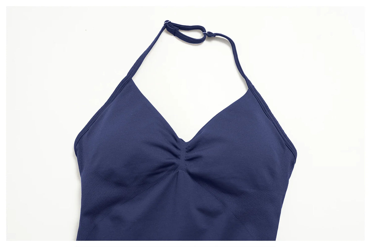 2pcs Seamless Lycra Sports Yoga Sets Women's Hanging Neck Tank Top High Elasticity Hip Lifting Shorts Workout Outfits Tracksuit