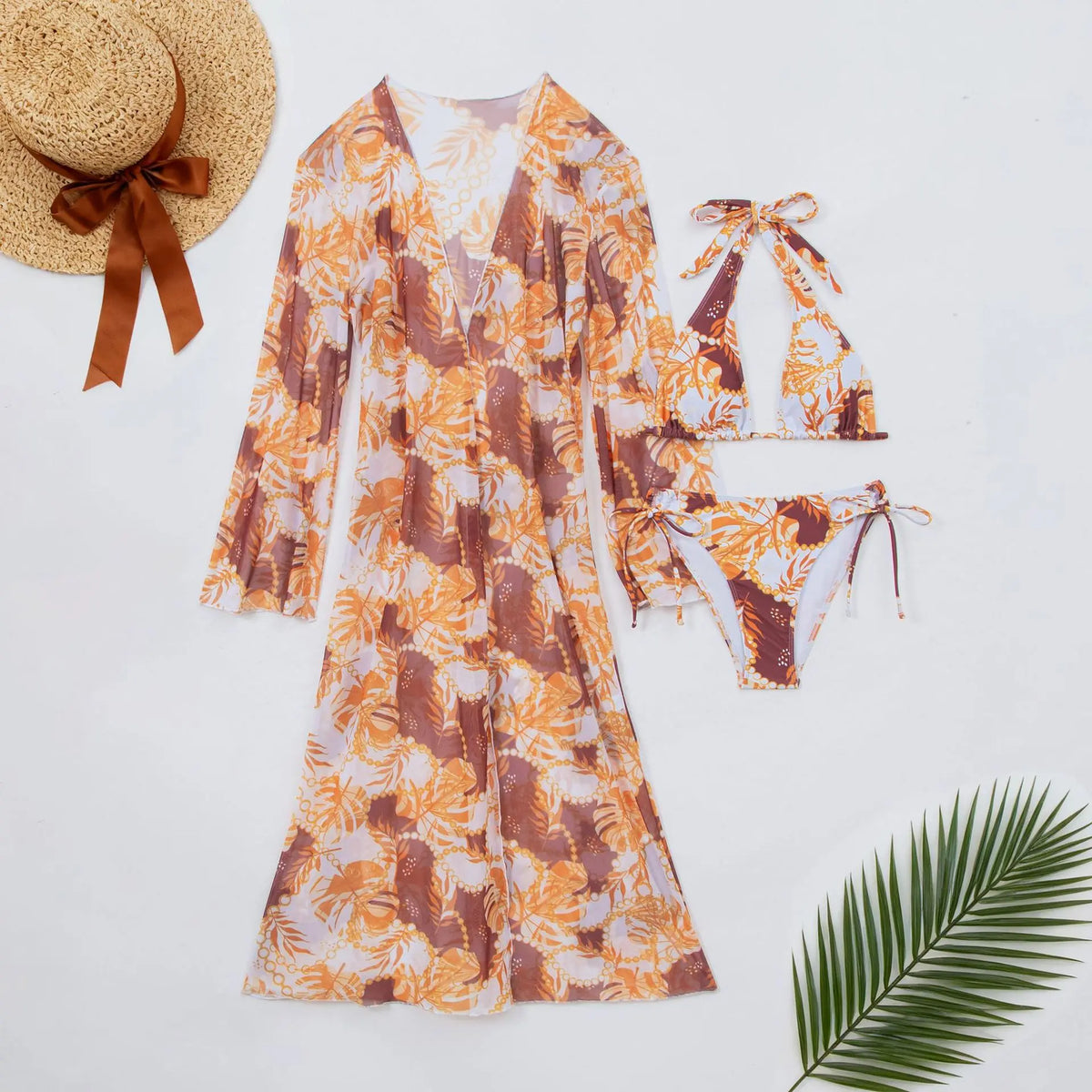 Boho Style Women's 3 Pcs Suit Swimwear Sexy Halter Lace-up Backless Bikini Set Cover-Up Beachwear Low Waist Push Up Bathing Suit