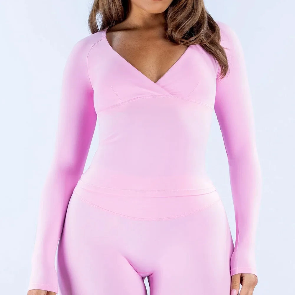 NCLAGEN Sports Tops Gym Women Long Sleeve V-neck Naked Feel Yoga Shirt With Built-in Bra Fitness Workout Clothes Pilates Blouse