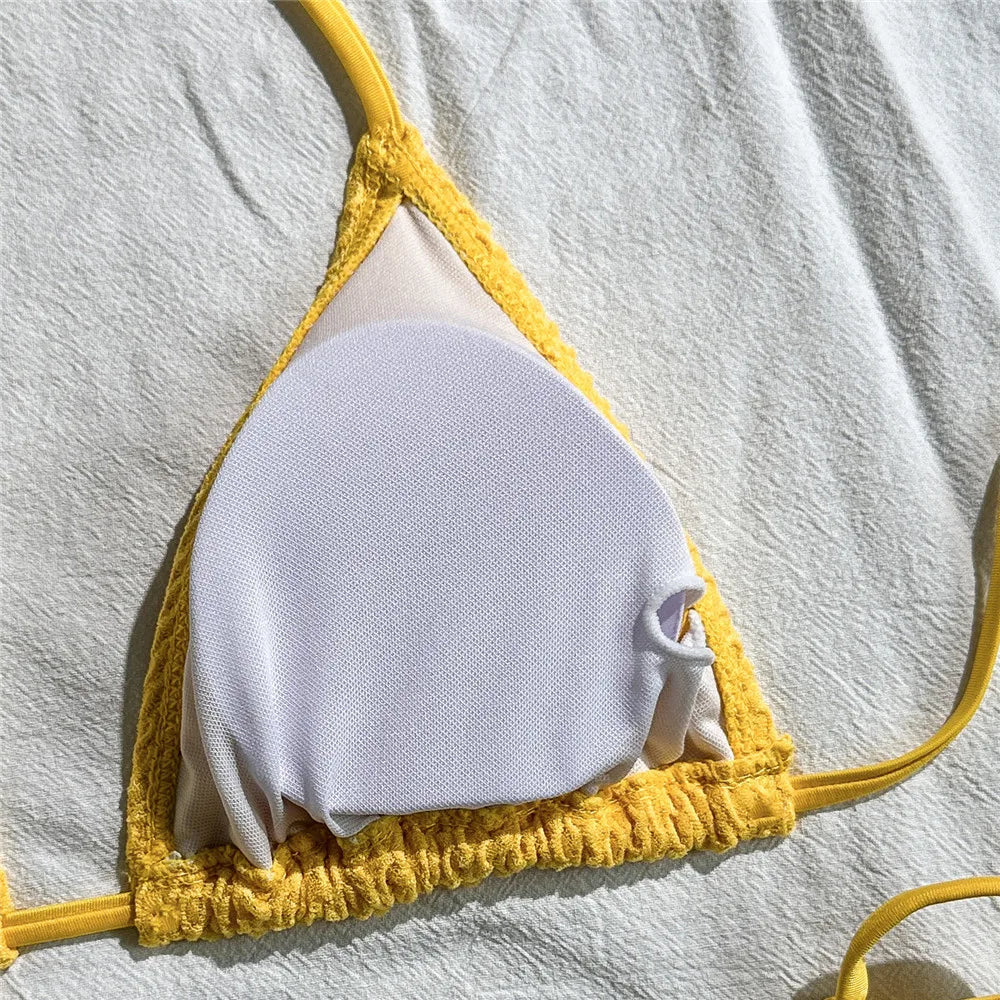 Beige Mesh Halter String Triangle Micro Thong Bikinis Sets 4 Pieces Long Sleeve Cover Ups Sexy Swimsuit Women Holiday Swimwear
