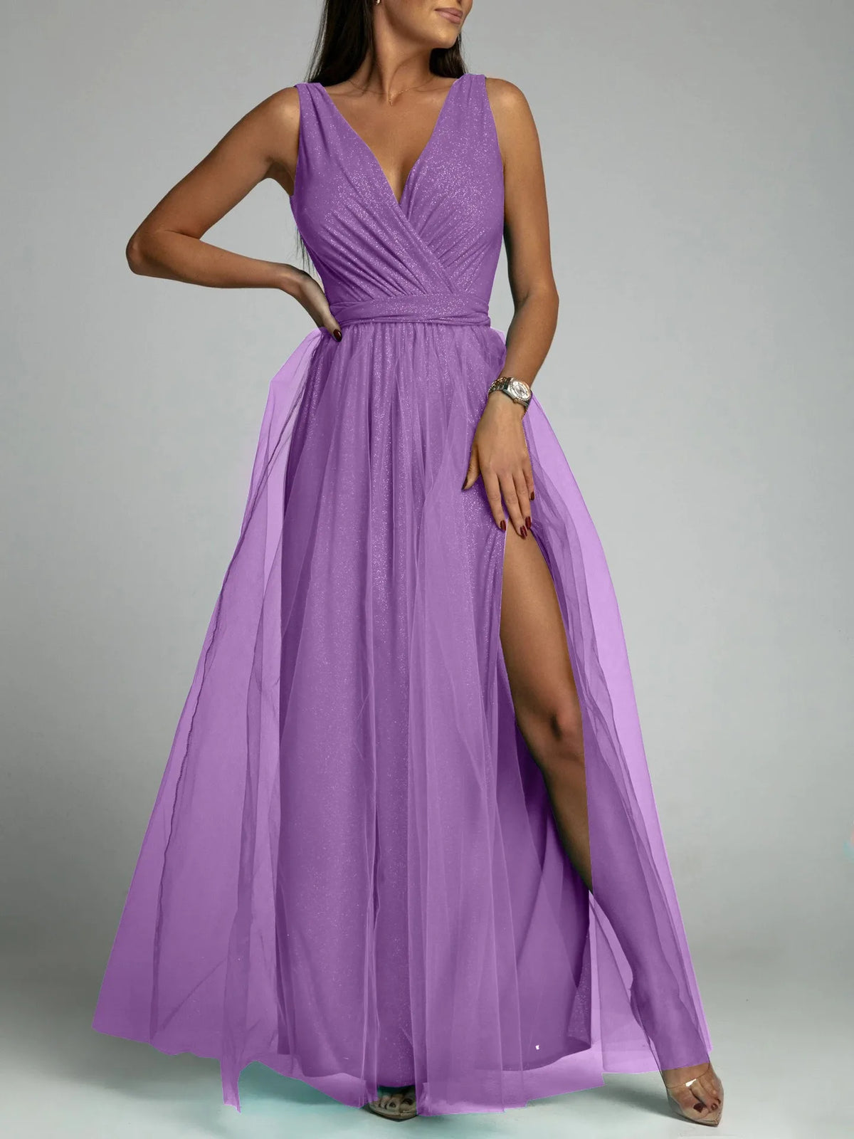 Elegant Solid Color Fine Sparkle Party Dresses Women Temperament V-neck Leace-up Mesh Slit Long Dress Evening Vestidos Female