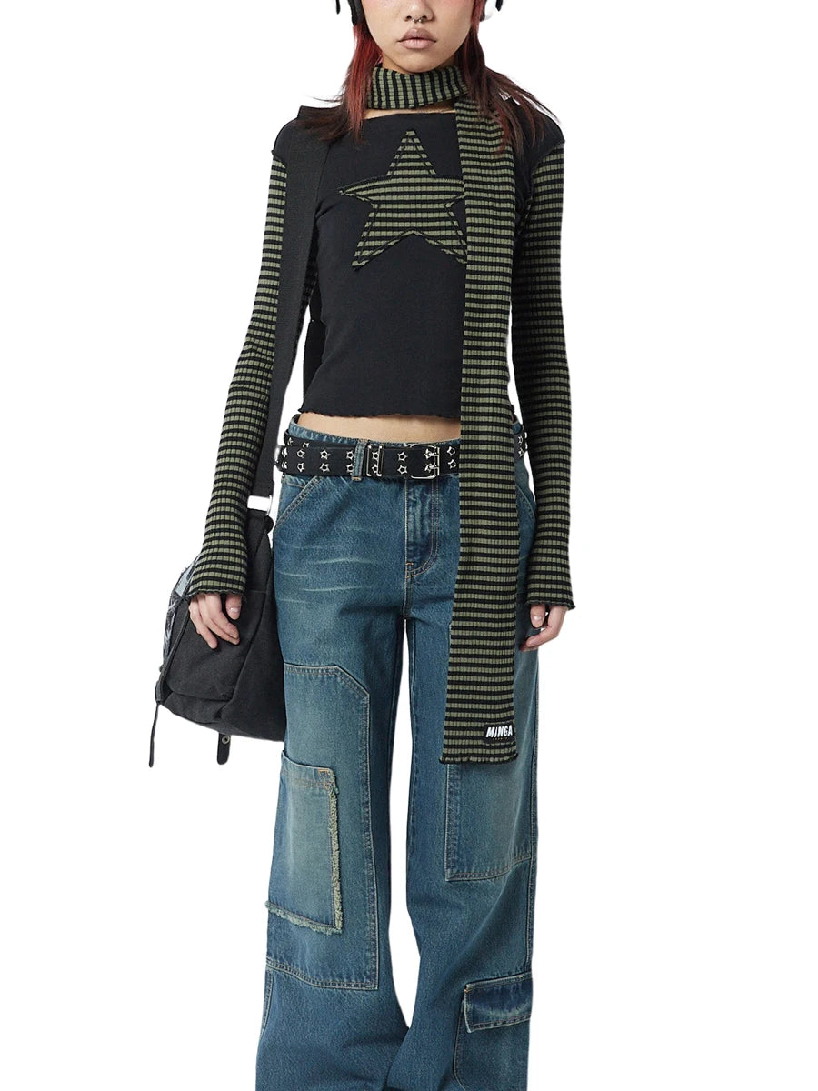 Early Autumn Punk Style Slim Fit T-shirt Women Long Sleeve Crew Neck Star Stripes Patchwork Ladies Tops for Casual Daily