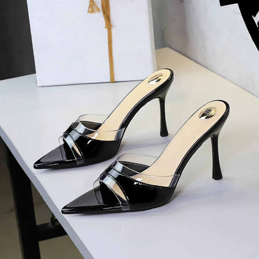 BIGTREE Shoes Women PVC Transparent Shoes for Women Sexy Pointed Open Toe Shallow Slider Slippers Ladies Sandal High Heels Mules