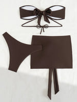 With Sarong Skirt Bandeau Bikini Women Swimwear Female Swimsuit Three-pieces Bikini Set Metal Rings Bathing Suit Swim Beachwear