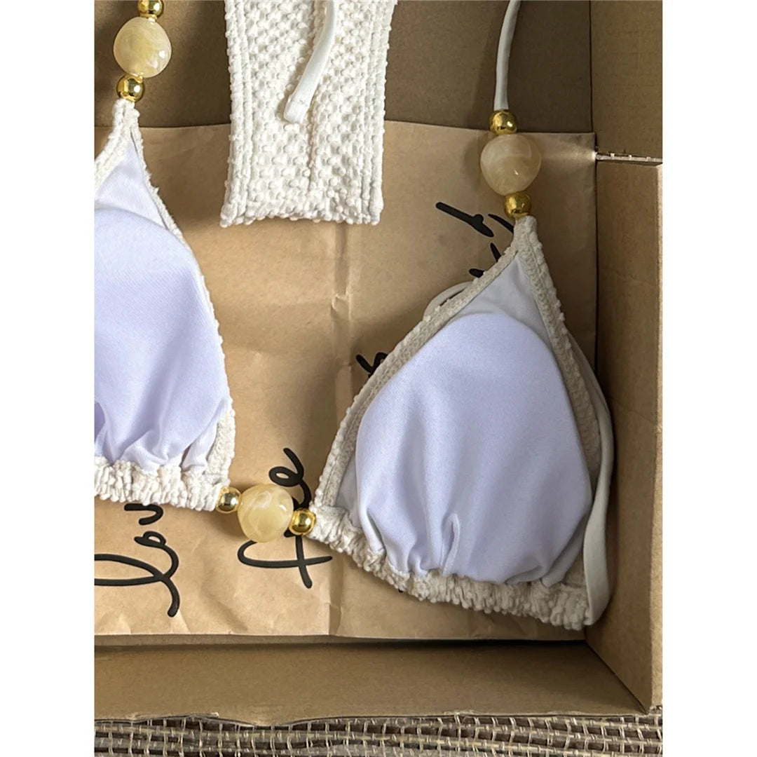 Wrinkled Crinkled Halter Bikini Female Swimsuit Women Swimwear Two-pieces Bikini set Brazilian Bather Bathing Suit Swim V8134