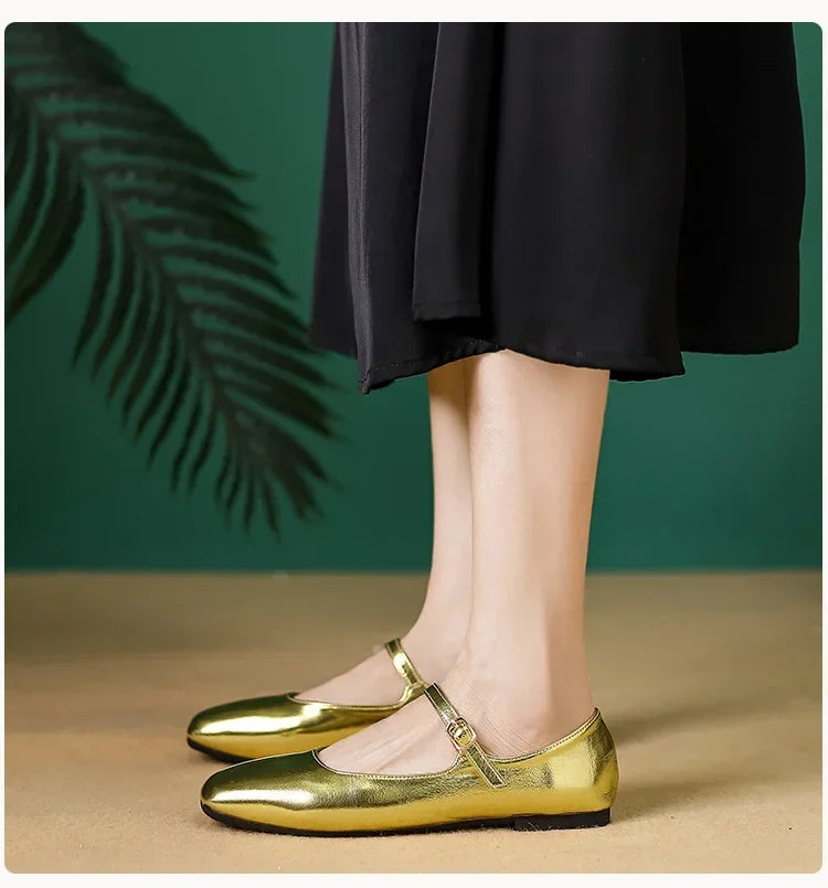 2025 Elegant Woman Square Toe Lolita Lady Barefoot Boat Gold Flats Elegant Soft Sole Ballerina Party Mary Jane Shoes