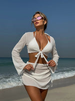 Summer 4 Piece Bikini Set 2025 Women Sexy Black Long Sleeve Cover Up and Skirt Swimsuit Beach Bathing Suit Holiday Swimwear