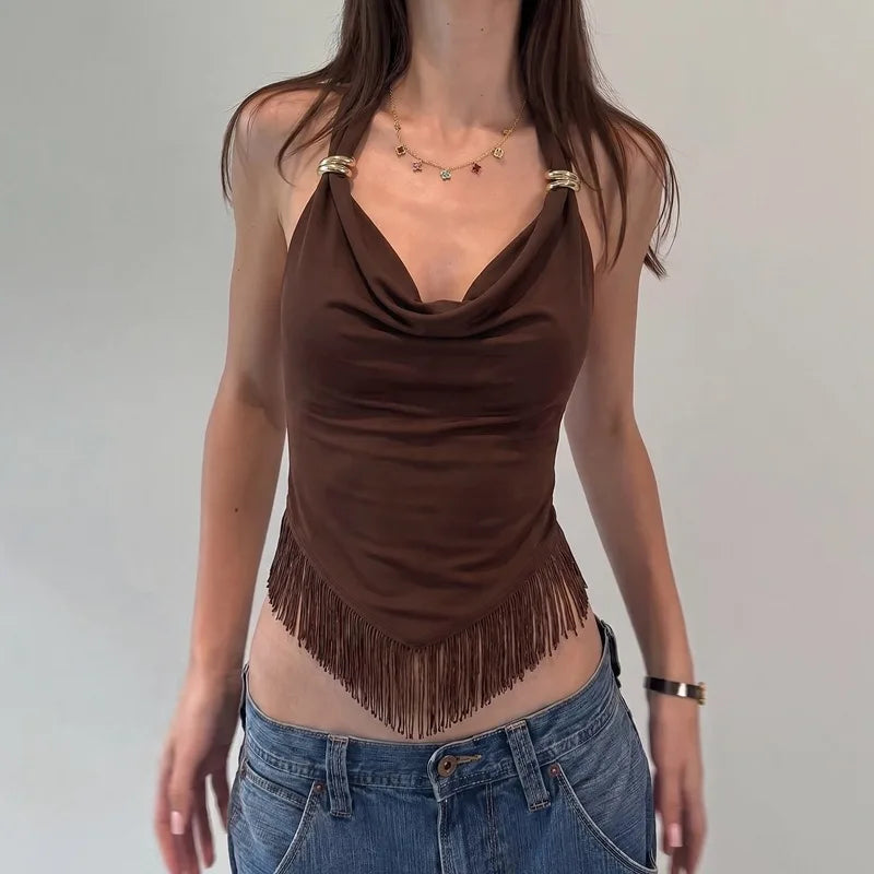 FDYOUI Sexy Swinging Collar Tassels Tank Tops Women's Halter Bandage Backless Camisoles Female Summer Slim Corset Top Streetwear