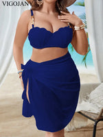 VigoJany 2026 Solid 3 Piece Mesh Skirt Plus Size Bikini Set Women Strapped Push Up Big Swimsuit High Waist Chubby Bathing Suit