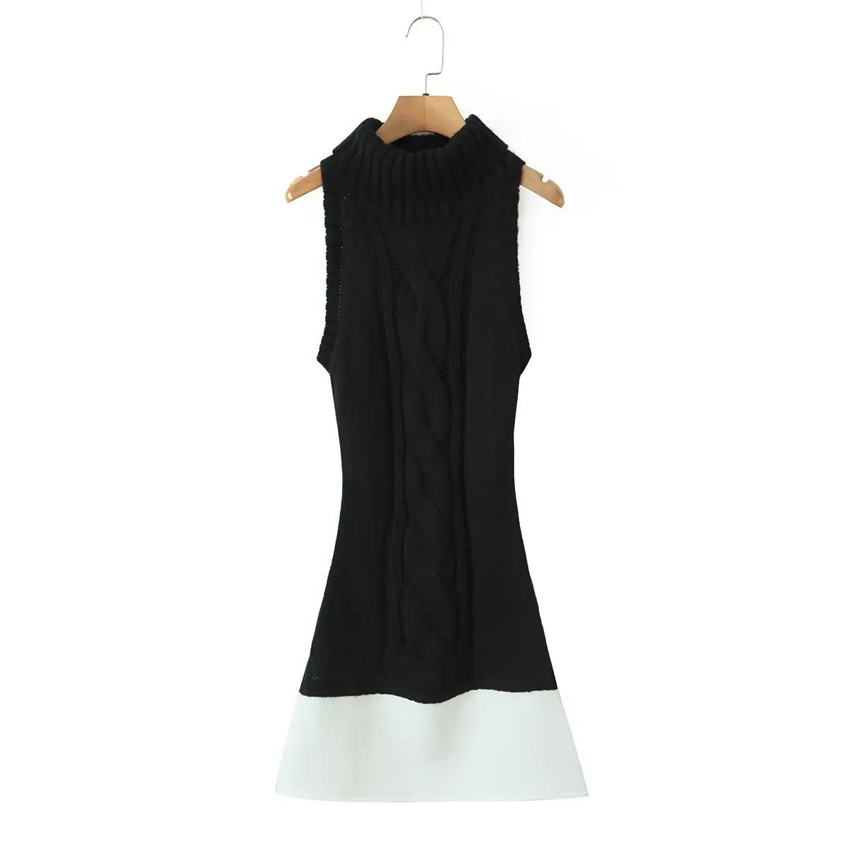Women's Fashion Patchwork Knitted Dress Knit Sleeveless Dress Bodycon Fit With Contrast Black Hem Cozy Winter Mini Dress CR01