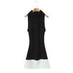 Women's Fashion Patchwork Knitted Dress Knit Sleeveless Dress Bodycon Fit With Contrast Black Hem Cozy Winter Mini Dress CR01