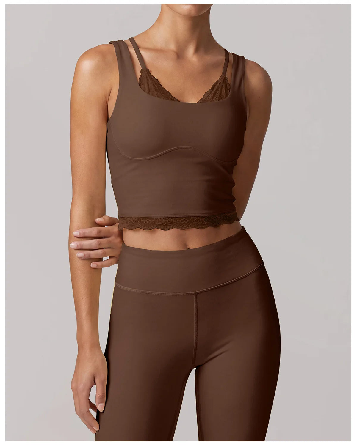 Fake Two Piece Tank Top Yoga Sets Women Lace V Neck Sports Vest Fitness Suit Hip Lifting High Waist Leggings Workout Clothes