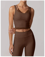 Fake Two Piece Tank Top Yoga Sets Women Lace V Neck Sports Vest Fitness Suit Hip Lifting High Waist Leggings Workout Clothes