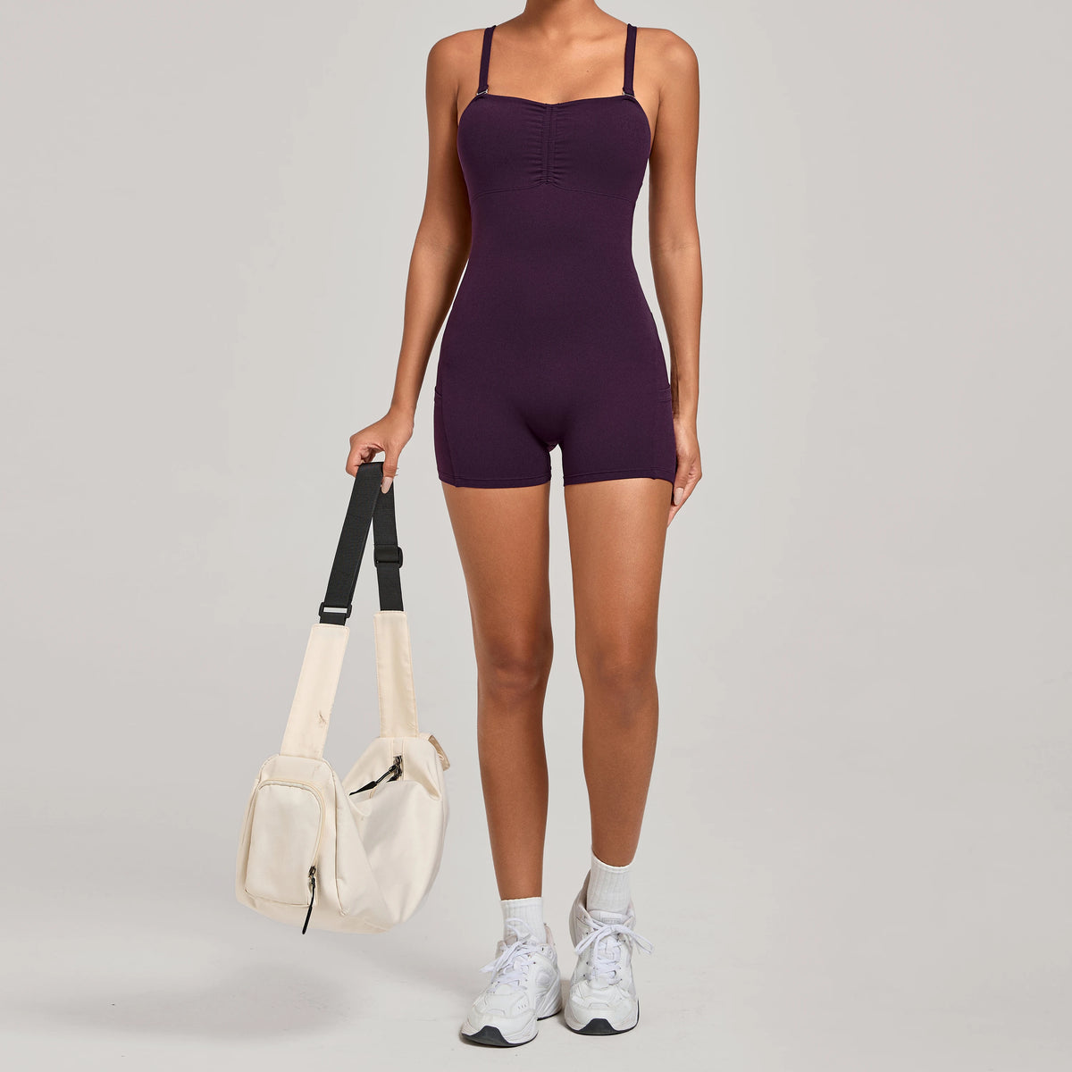 Womens Two Way Wear Bodysuit Sleeveless Yoga Stretch One Piece Romper Sexy Fitness Side Pockets Sportwears Bodysuit