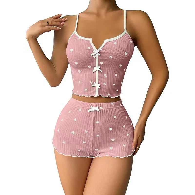 Women's Pajamas Set Sleepwear 2 PCS Short Tank Tops And Shorts S M L White Ventilate Soft Casual Love Printing
