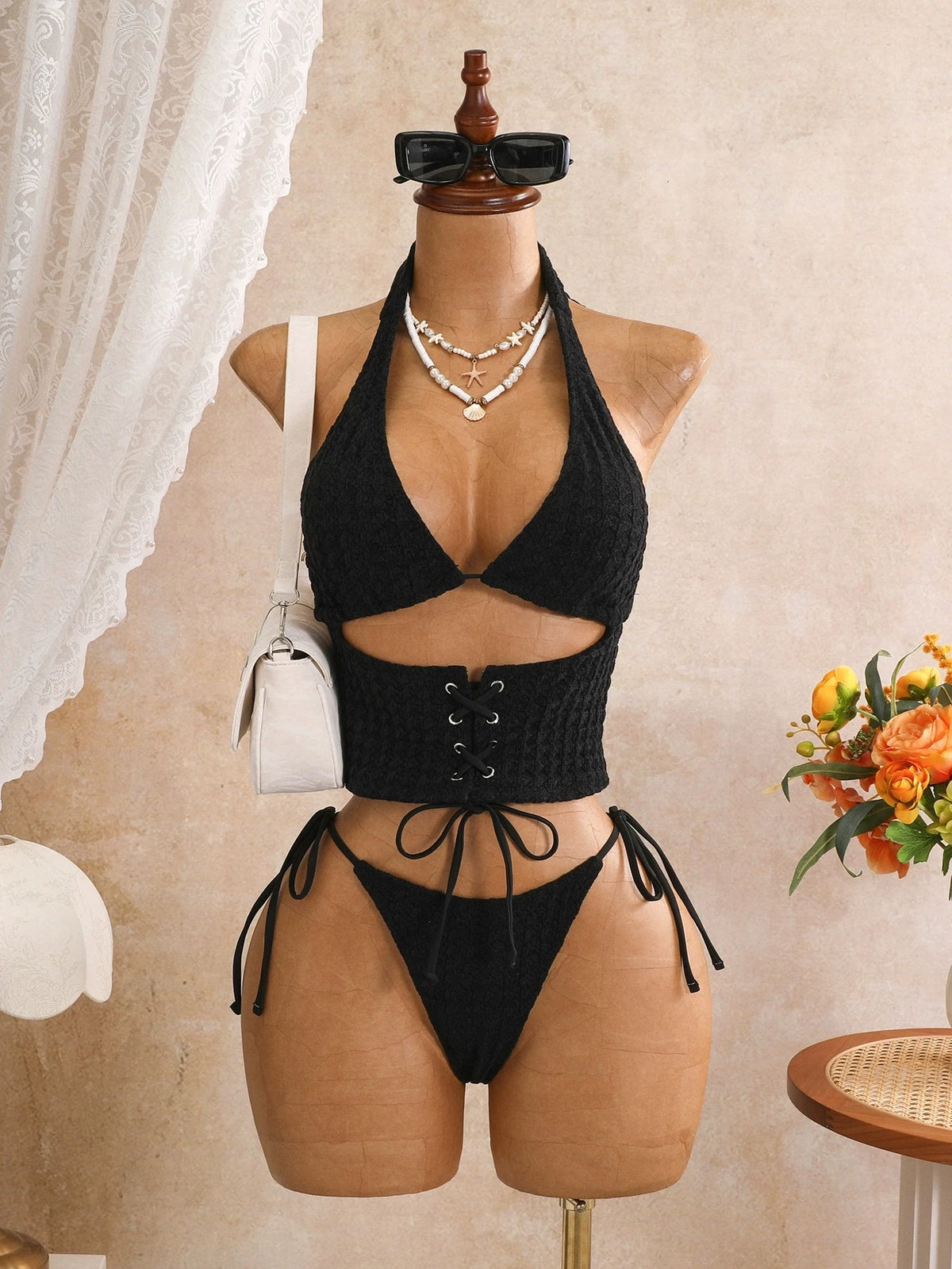 DEKA Vintage Pink Plaid Print Bikini Set Women Bandage Cross Fishbone Top 3 Piece Swimsuit Beach Holiday Bathing Suit Swimwear