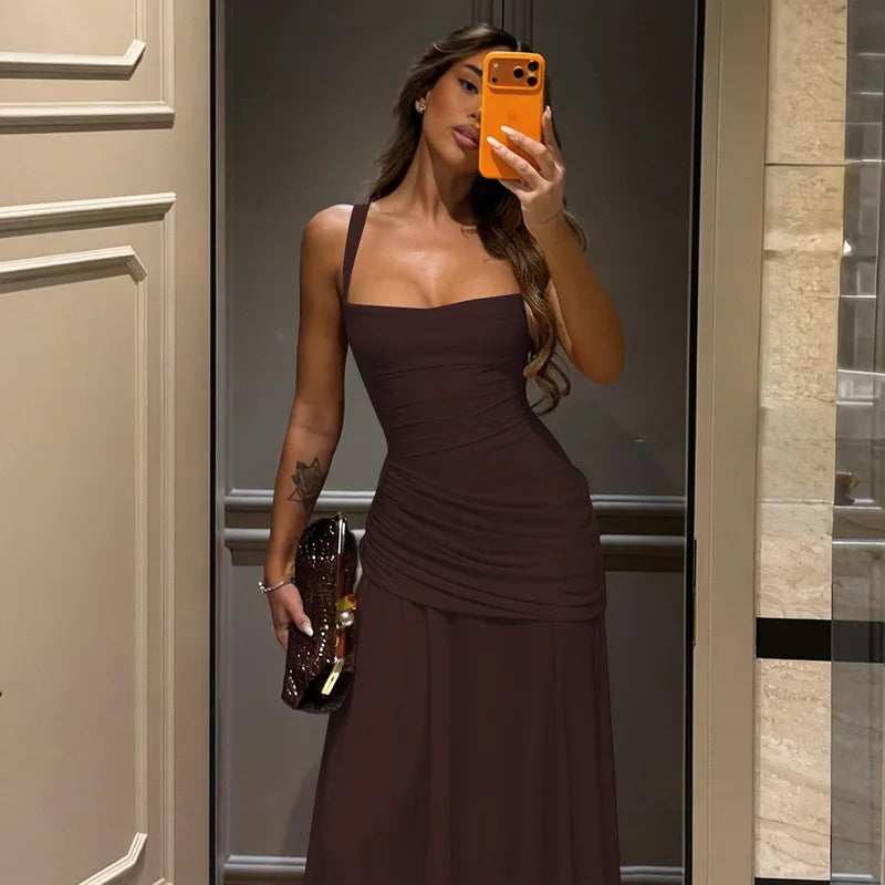 FDYOUI Fashion Sleeveless High Waist Tunics Long Maxi Dress Party Gowns Women Chic Backless Lace-up Folds Slim Evening Dresses