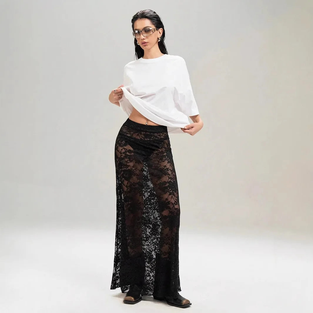 Sexy High Waist Black Lace Skirts for Women 2026 Summer See-through Long Maxi Skirt Female Hollow Out Slim Holiday Party Dress