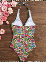 S - XL 2026 Flower Printed Floral V Neck Women Swimwear One Piece Swimsuit Female Halter Monokini Bather Bathing Suit Swim V8221
