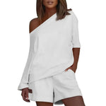 2 Pcs/Set Women Tracksuit One-shoulder Short Pants Solid Color Leisure Summer Top Set
