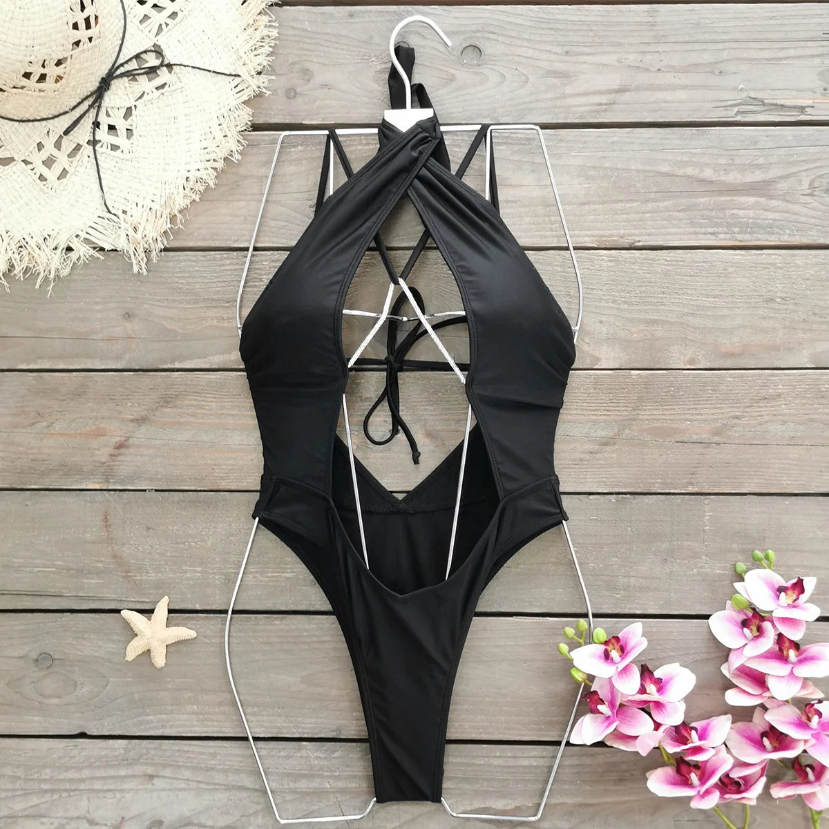 Sexy Hollow Out One Piece Swimwear Push Up Women's Swimsuit2024 Trend Solid Bath suits Halter Monokinis Summer Beachwear