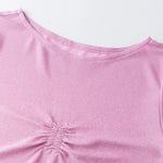 Women's Summer Basic T Shirts Solid Color Cap Sleeve Round Neck Slim Fit Ruched Glitter Tops