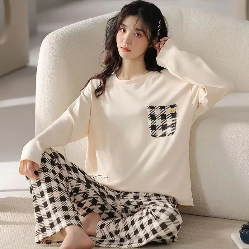 New Women's Spring and Autumn Fashion Cartoon Casual Pajamas, Thin Winter Homewear, Plus-Size Simple and Loose Teenage Pajama Se