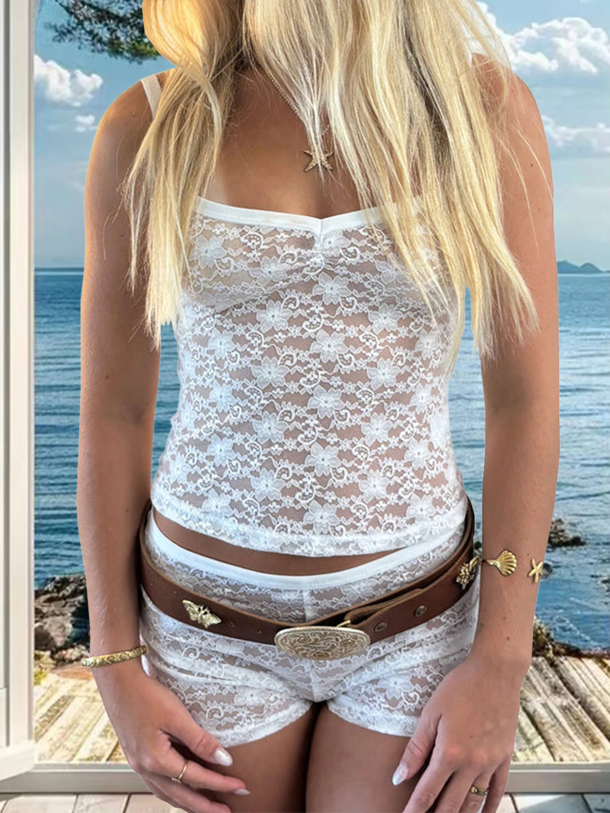 Women 2 Piece Sets See-Through Floral Lace Crop Camisole Tops and Shorts Casual Sexy Club Beach Clothes