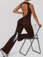 Sexy Brown Leopard Print Yoga Jumpsuit Women Hollow Out Backless Sleeveless Slim Gym Running One Piece Flare Pants Sports Suit