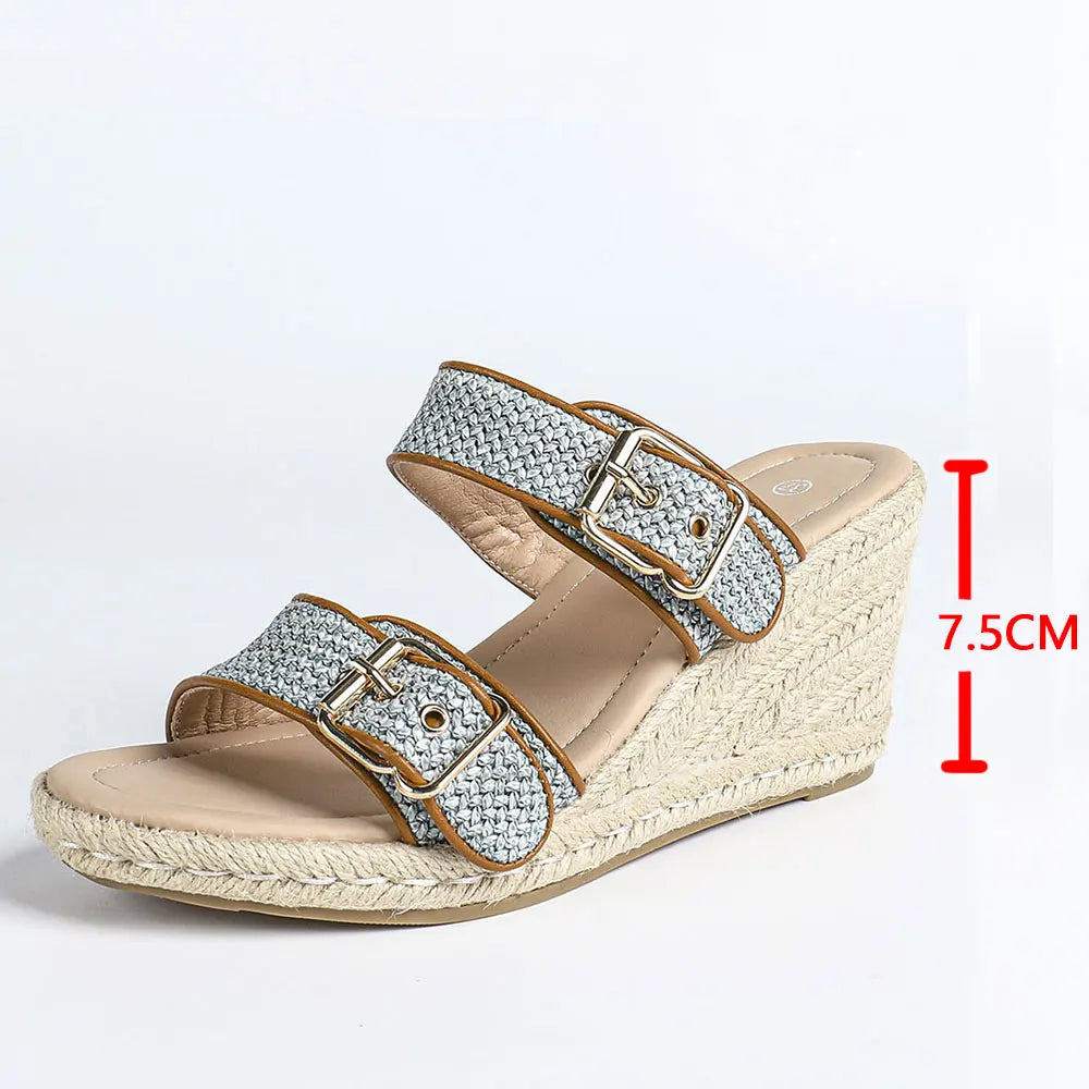Summer Bohemian 2 Buckle Adjustable Straps Espadrille Wedge Sandals Women Leisure Roma Platform Beach Vacation High Heels Shoes