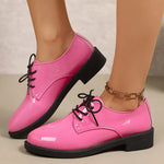 Pink Patent Leather Oxford Shoes Women Fashion Lace Up Pointed Toe Med Heel Pumps Woman Plus Size 43 Thick Heels Office Shoes