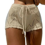 Women Beach Shorts Hollow Out Knitted Lace Drawstring Elastic Waist Soft Breathable Loose High Waist Summer Bikini Shorts
