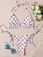 With Mesh Skirt Cherry Printed Bikini Female Swimsuit Women Swimwear Three Pieces Bikini Set Halter Bathing Suit Swim Beachwear