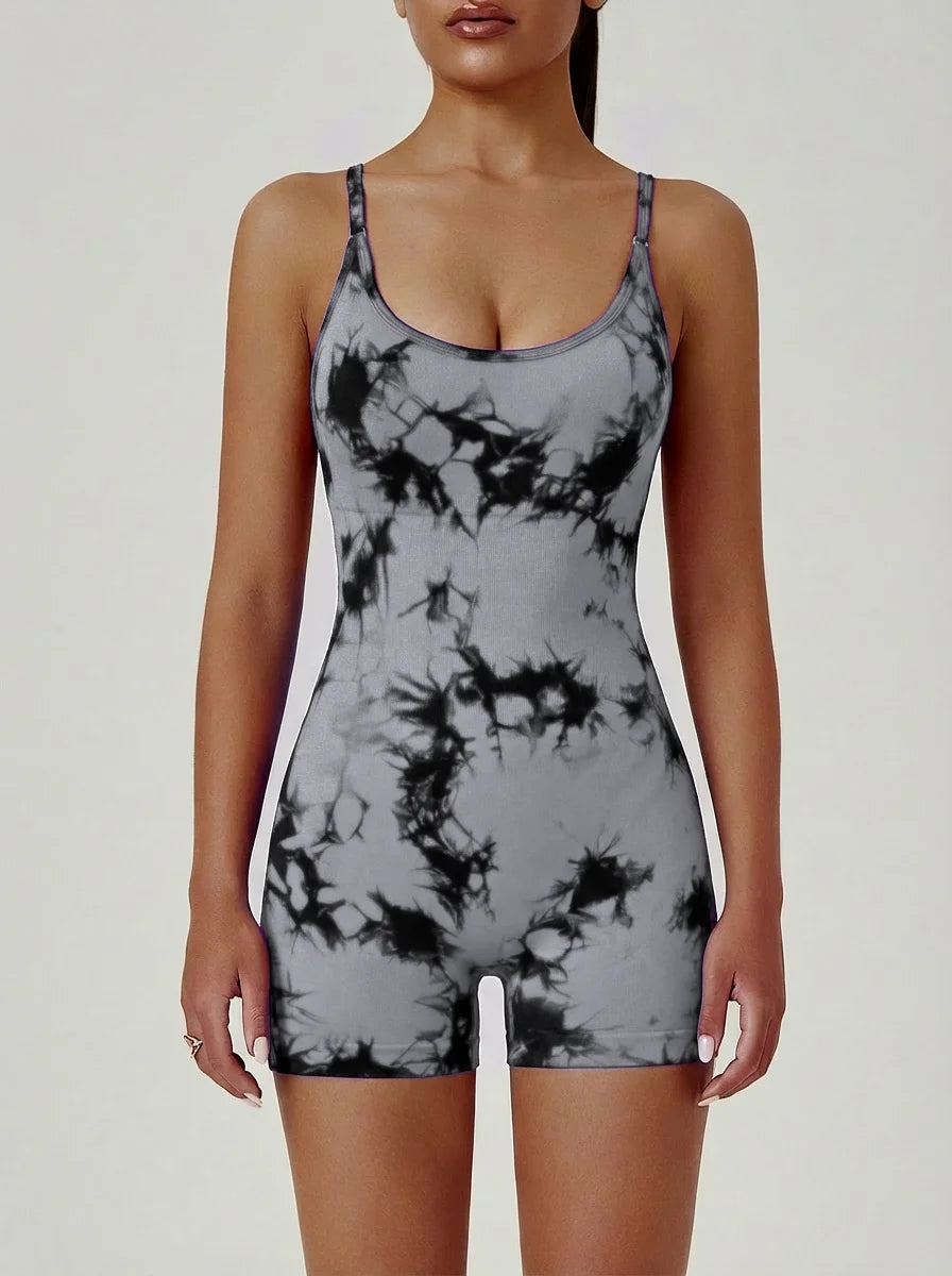 Cross Back Tie-Dye One Piece Yoga Shorts - Stylish Cropped Yoga Jumpsuit for Women