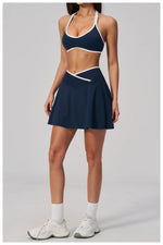 Summer New Outdoor Breathable Yoga Sets Women Color Block Shockproof Sports Bra Tennis Pleate Skirt Gym Workout Fitness Suits