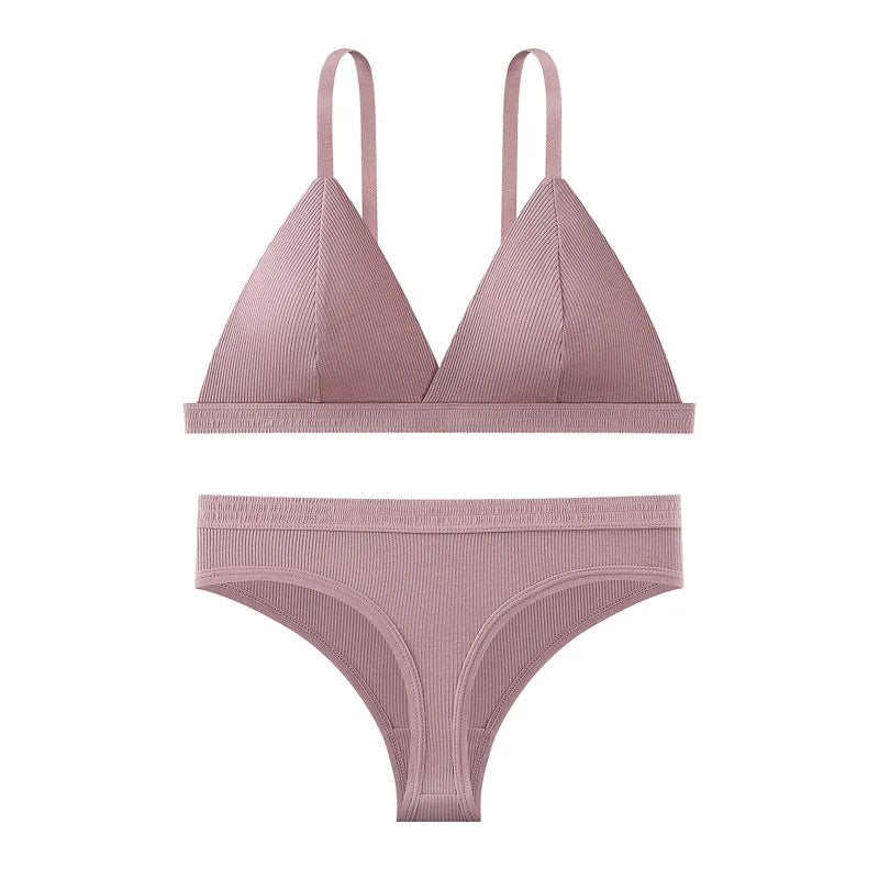 Women Cotton Bra and Panties Set Wireless Push-Up Bra Low-Waist Thongs G-string Sexy Lingerie Women's Breathable Underwear Set