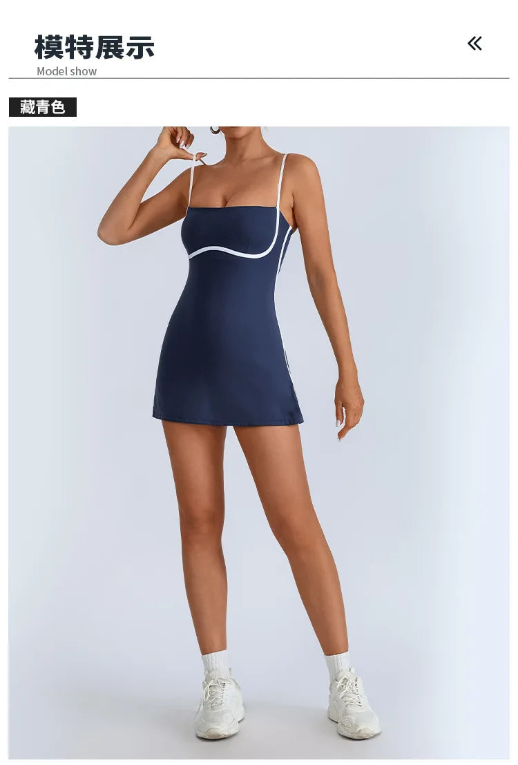 Women's Tennis Dress Summer Sleeveless Pink Contrast Workout Yoga Dresses Build in Shorts Fashion Tight Fitting Skirts Suit